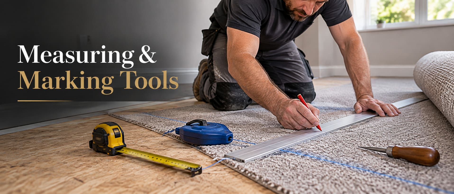 Measuring and marking tools for carpet installation including tape measure, chalk line and straight edge